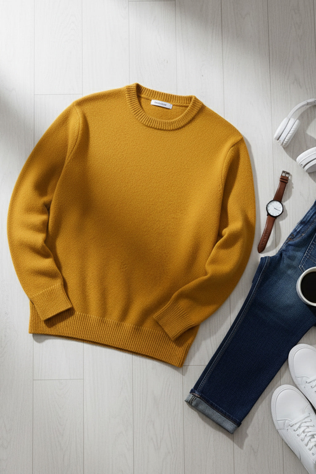 Gestricktes Sweatshirt mit Gerippten Abschlüssen | Henrik – Senfgelb